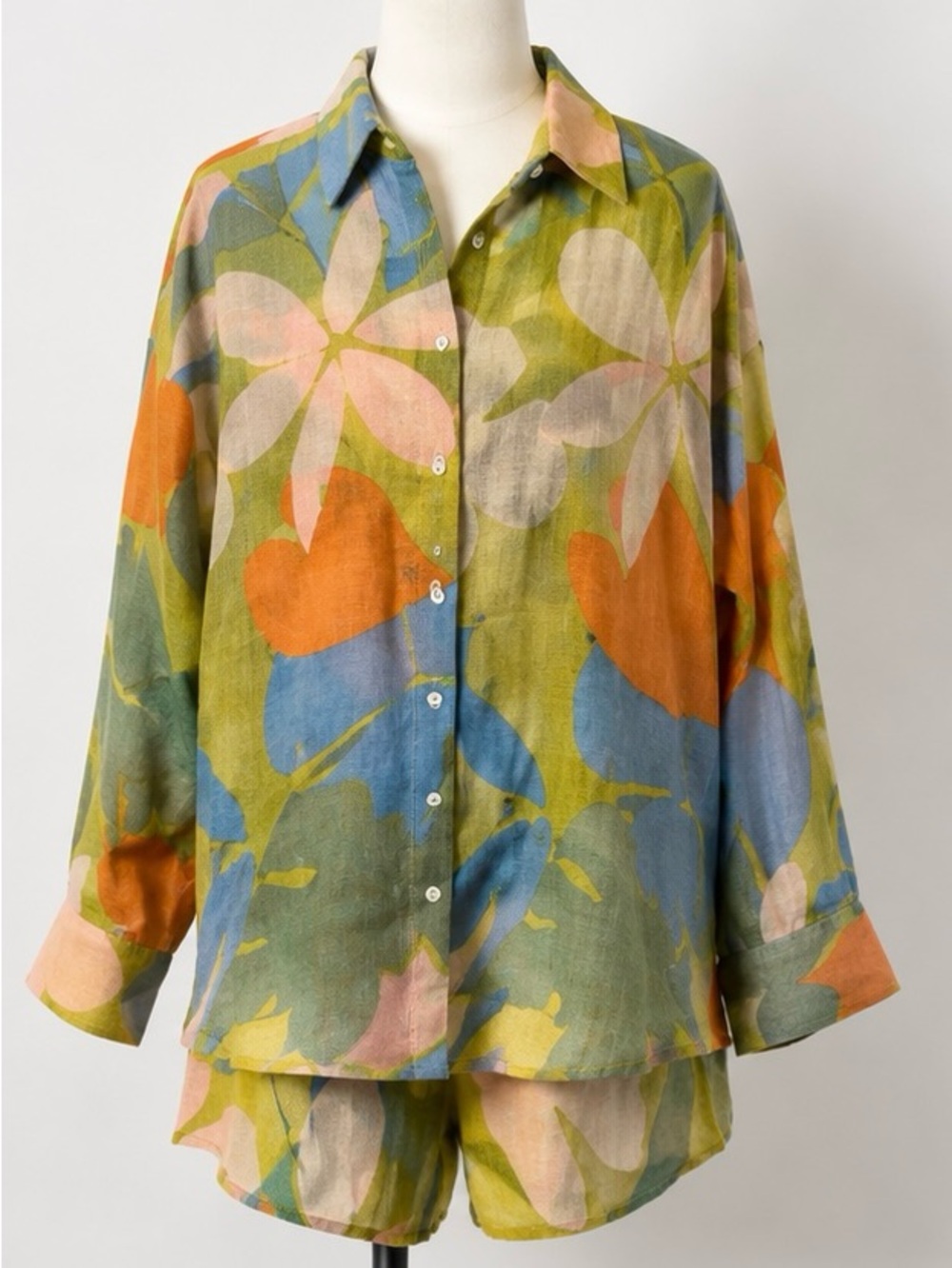 Vitamin A Linen Olive Green Floral Button-Up and Matching Shorts